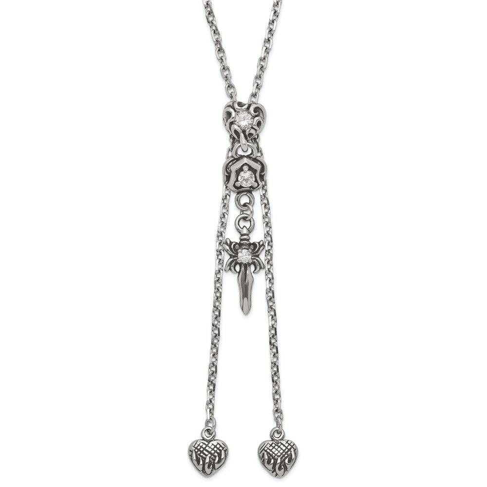 Stainless Steel Polished & Antiqued Cz Gothic Hearts Sword Adjustable Necklace