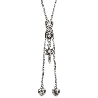 Stainless Steel Polished & Antiqued Cz Gothic Hearts Sword Adjustable Necklace