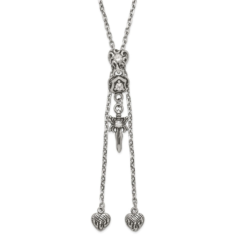 Stainless Steel Polished & Antiqued Cz Gothic Hearts Sword Adjustable Necklace