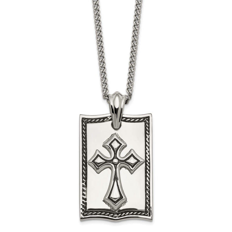 Stainless Steel Antiqued And Polished Cross Dog Tag 24In Necklace