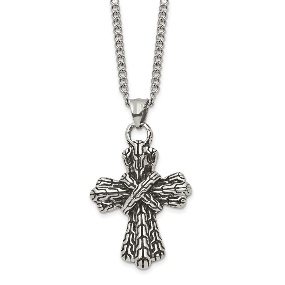 Stainless Steel Antiqued Polished And Textured Cross 24In Necklace