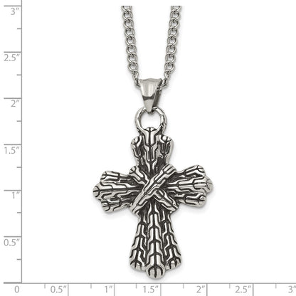 Stainless Steel Antiqued Polished And Textured Cross 24In Necklace