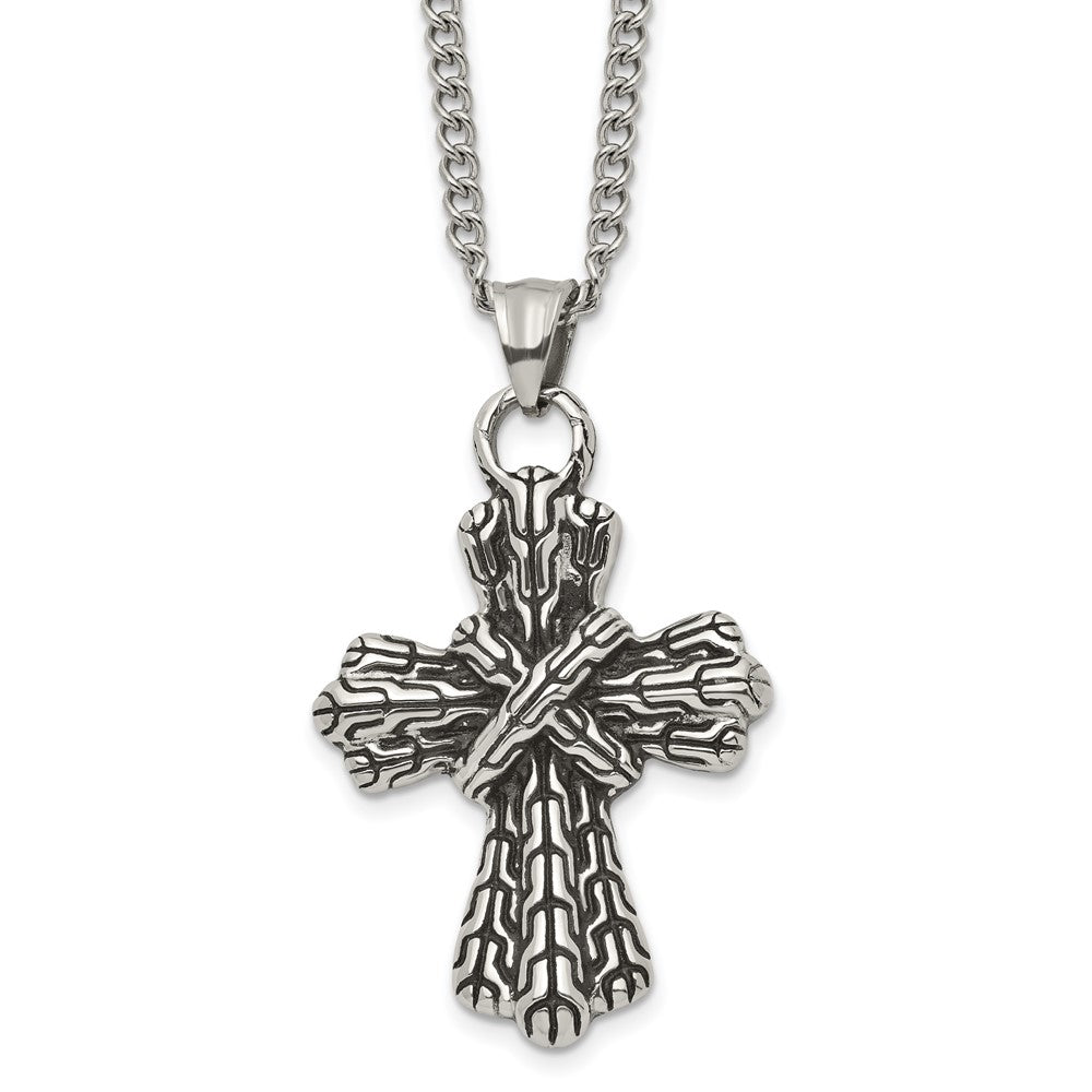 Stainless Steel Antiqued Polished And Textured Cross 24In Necklace
