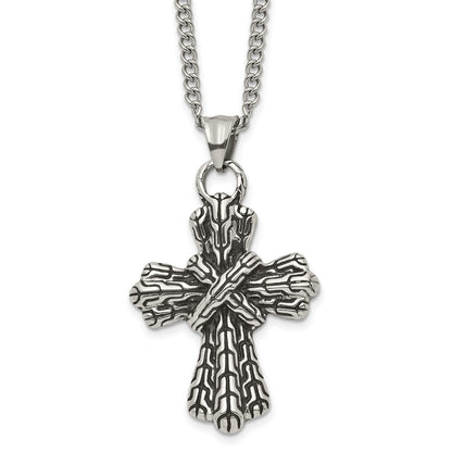 Stainless Steel Antiqued Polished And Textured Cross 24In Necklace