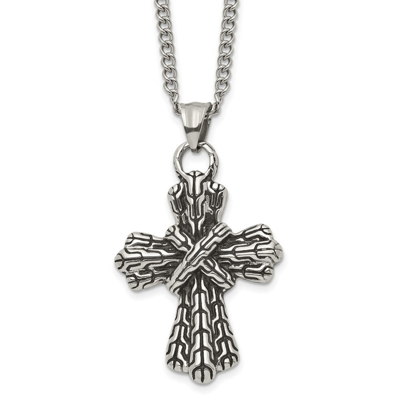 Stainless Steel Antiqued Polished And Textured Cross 24In Necklace