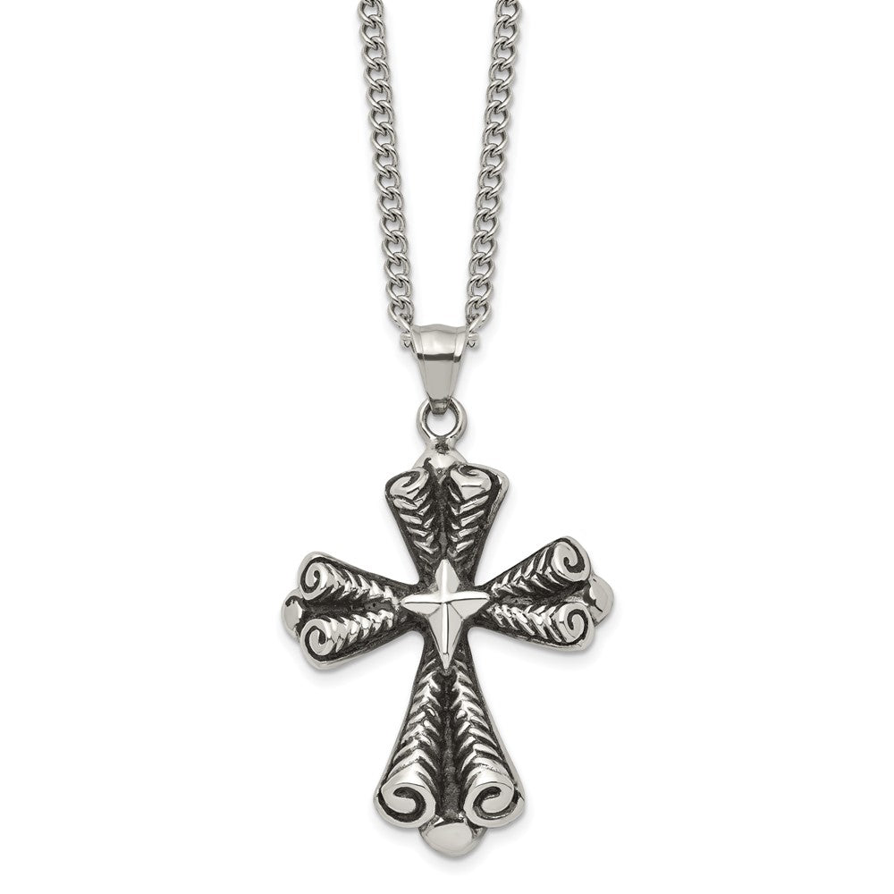 Stainless Steel Antiqued Polished And Textured Cross 24In Necklace