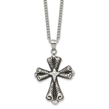 Stainless Steel Antiqued Polished And Textured Cross 24In Necklace