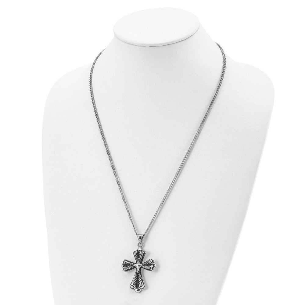 Stainless Steel Antiqued Polished And Textured Cross 24In Necklace