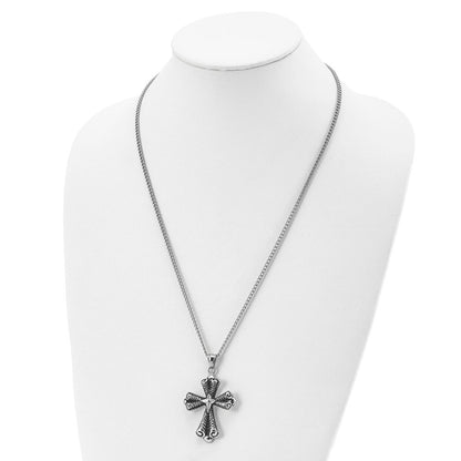 Stainless Steel Antiqued Polished And Textured Cross 24In Necklace