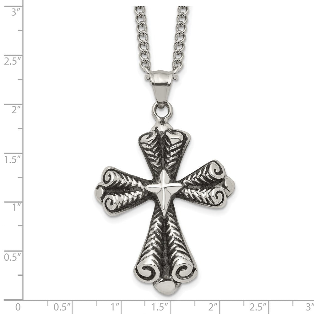 Stainless Steel Antiqued Polished And Textured Cross 24In Necklace