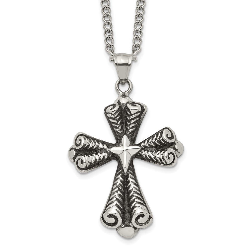 Stainless Steel Antiqued Polished And Textured Cross 24In Necklace