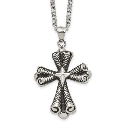 Stainless Steel Antiqued Polished And Textured Cross 24In Necklace