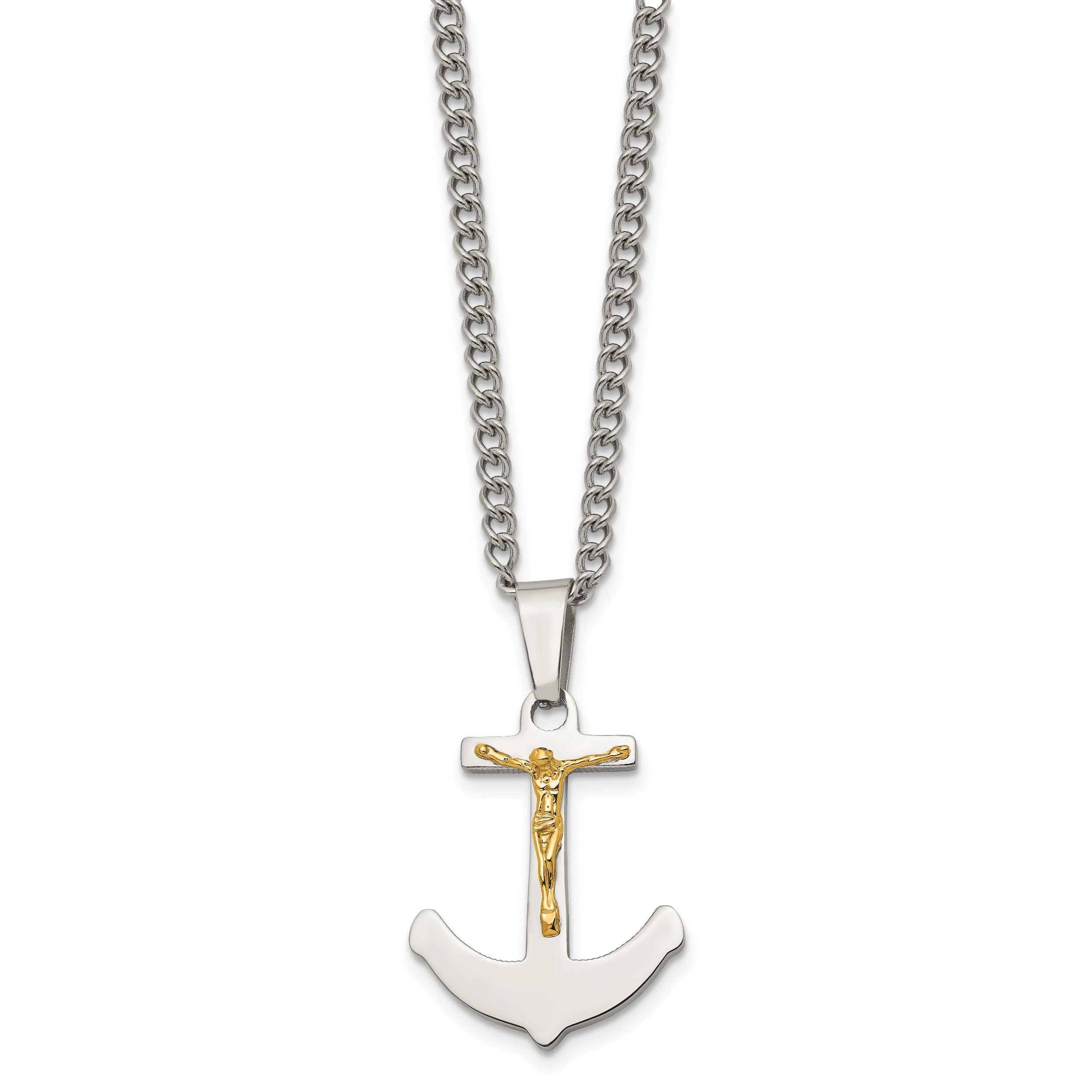 Stainless Steel Chisel Polished With 14K Gold Crucifix Anchor Pendant On A 24 Inch Curb Chain Necklace