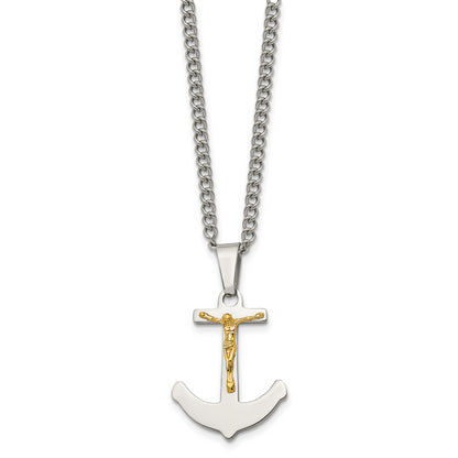 Stainless Steel Chisel Polished With 14K Gold Crucifix Anchor Pendant On A 24 Inch Curb Chain Necklace