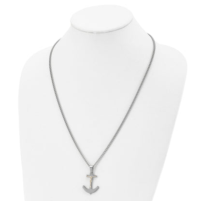Stainless Steel Chisel Polished With 14K Gold Crucifix Anchor Pendant On A 24 Inch Curb Chain Necklace