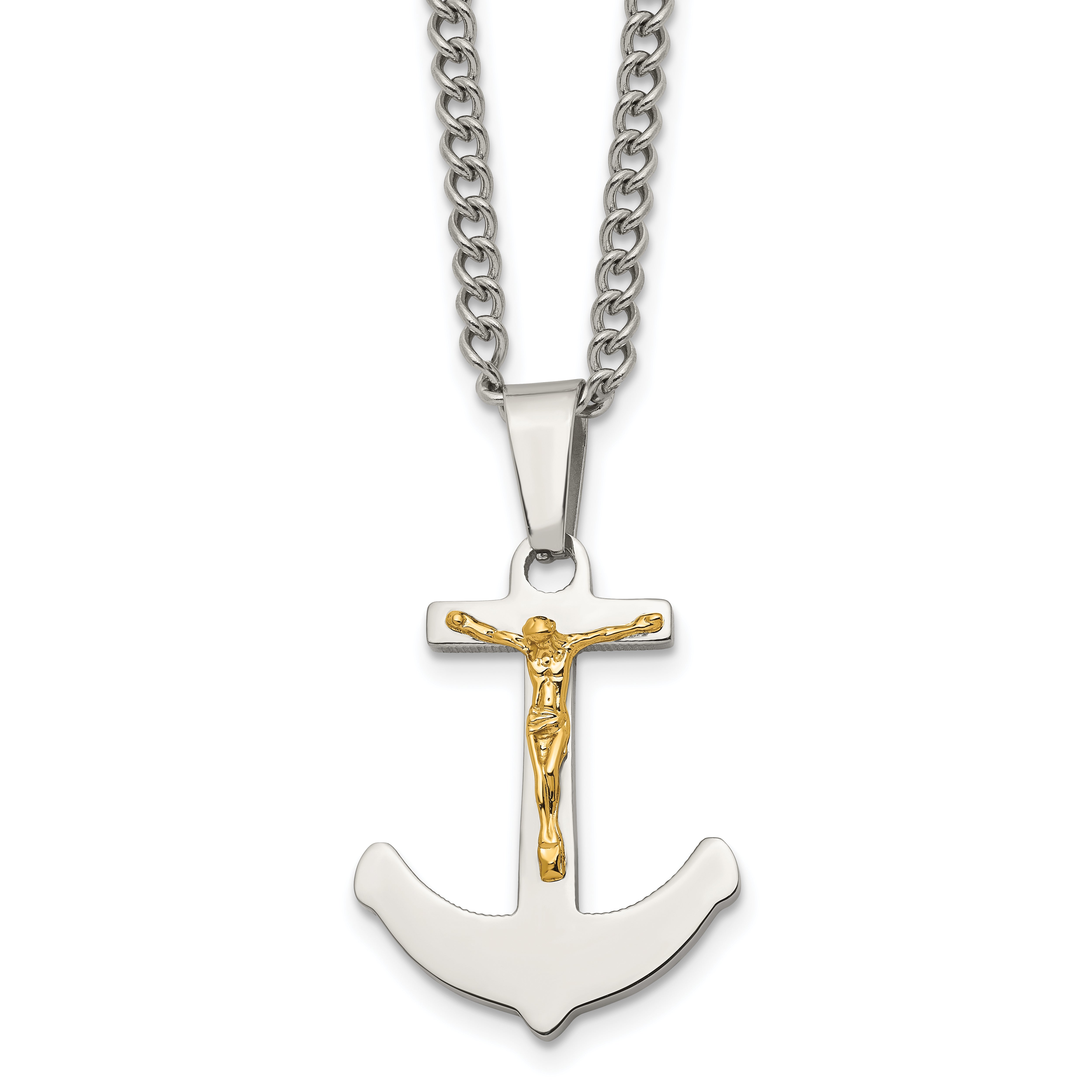 Stainless Steel Chisel Polished With 14K Gold Crucifix Anchor Pendant On A 24 Inch Curb Chain Necklace