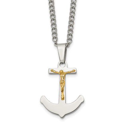 Stainless Steel Chisel Polished With 14K Gold Crucifix Anchor Pendant On A 24 Inch Curb Chain Necklace