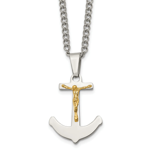 Stainless Steel Chisel Polished With 14K Gold Crucifix Anchor Pendant On A 24 Inch Curb Chain Necklace