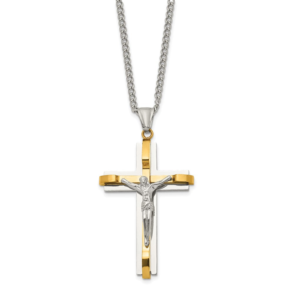 Stainless Steel Chisel Polished Yellow Ip-Plated Crucifix Pendant On A 24 Inch Curb Chain Necklace