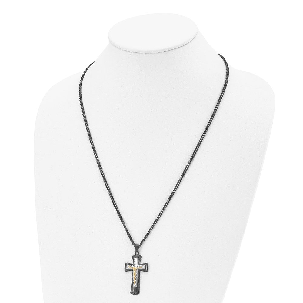Stainless Steel Chisel Polished Black Ip-Plated, Gold-Plated And Silver-Plated Brass Crucifix On A 24 Inch Curb Chain Necklace