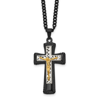 Stainless Steel Chisel Polished Black Ip-Plated, Gold-Plated And Silver-Plated Brass Crucifix On A 24 Inch Curb Chain Necklace