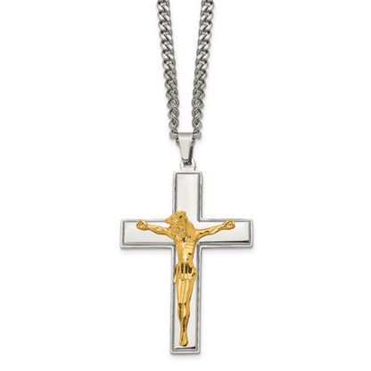 Stainless Steel Chisel Polished Yellow Ip-Plated Crucifix Pendant On A 24 Inch Curb Chain Necklace