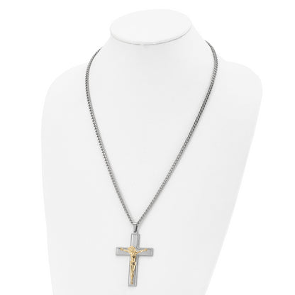 Stainless Steel Chisel Polished Yellow Ip-Plated Crucifix Pendant On A 24 Inch Curb Chain Necklace