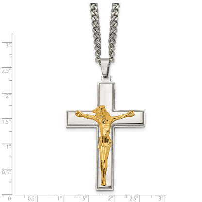 Stainless Steel Chisel Polished Yellow Ip-Plated Crucifix Pendant On A 24 Inch Curb Chain Necklace
