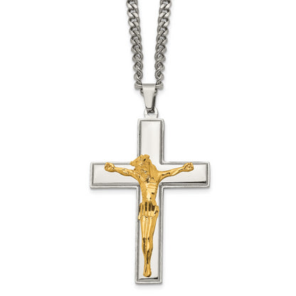 Stainless Steel Chisel Polished Yellow Ip-Plated Crucifix Pendant On A 24 Inch Curb Chain Necklace