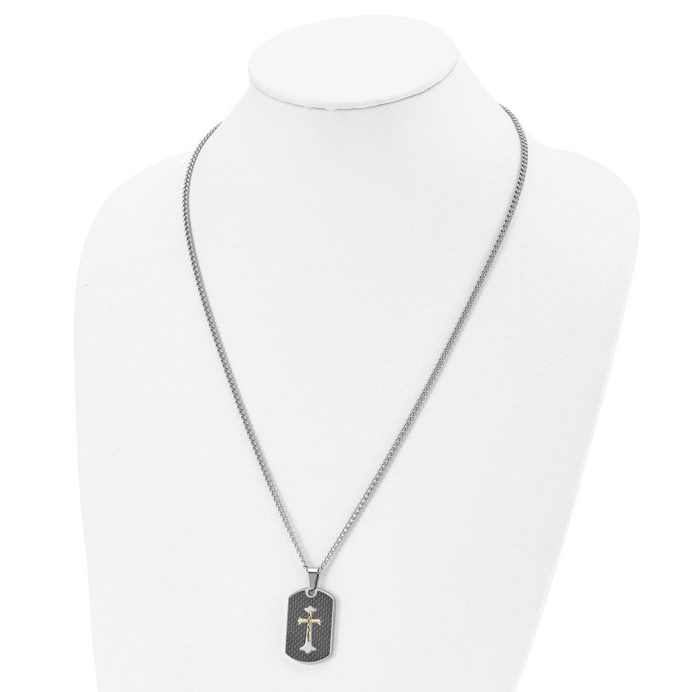 Stainless Steel Chisel Polished With Sterling Silver And Carbon Fiber Inlay Yellow Ip-Plated Cross On A 24 Inch Curb Chain Necklace