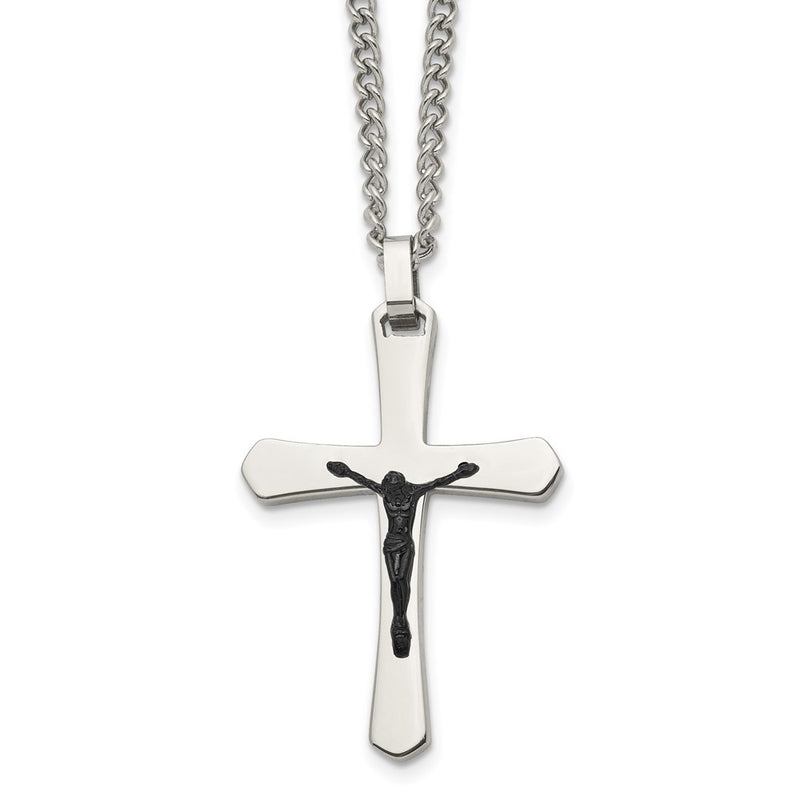 Stainless Steel Chisel Polished Black Ip-Plated Crucifix Pendant On A 24 Inch Curb Chain Necklace