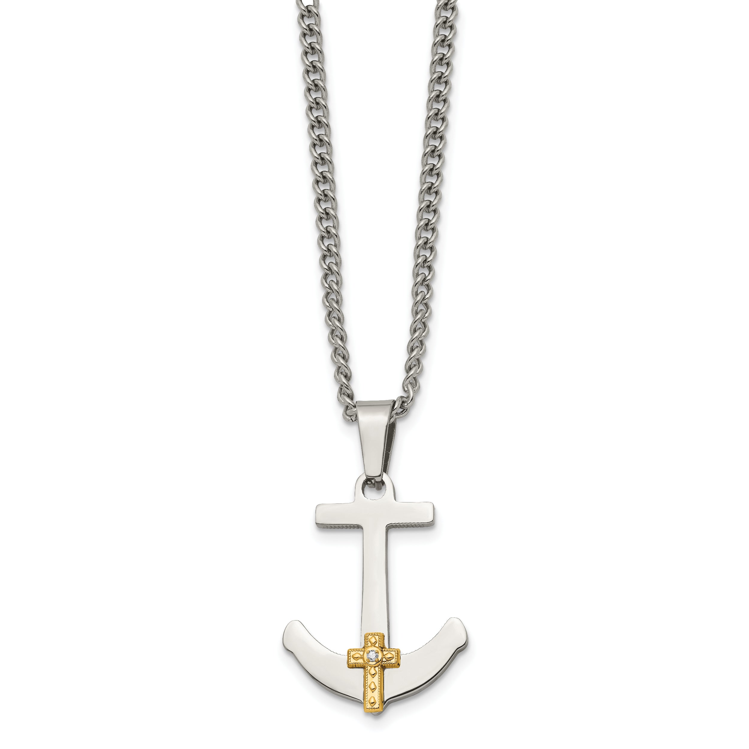 Stainless Steel Chisel Polished With 14K Gold And .02 Carat Diamond Anchor Mariner Cross Pendant On A 24 Inch Curb Chain Necklace