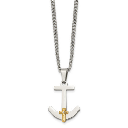 Stainless Steel Chisel Polished With 14K Gold And .02 Carat Diamond Anchor Mariner Cross Pendant On A 24 Inch Curb Chain Necklace