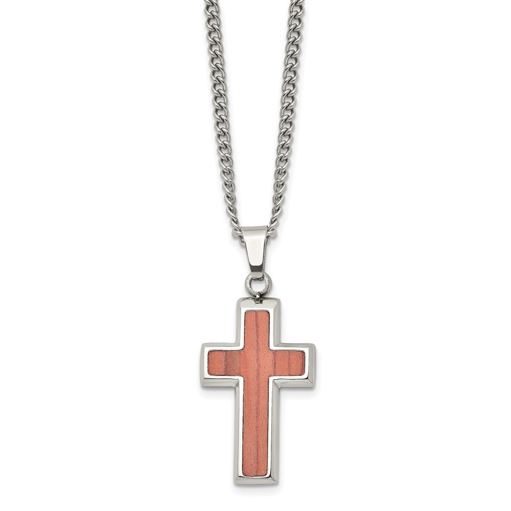 Stainless Steel Polished W/Wood Inlay Cross 24In Necklace