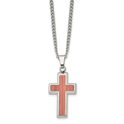 Stainless Steel Polished W/Wood Inlay Cross 24In Necklace