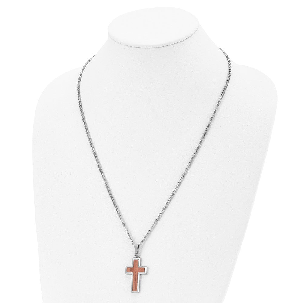Stainless Steel Polished W/Wood Inlay Cross 24In Necklace