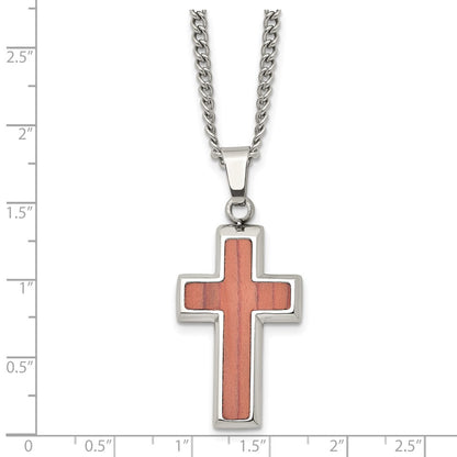 Stainless Steel Polished W/Wood Inlay Cross 24In Necklace