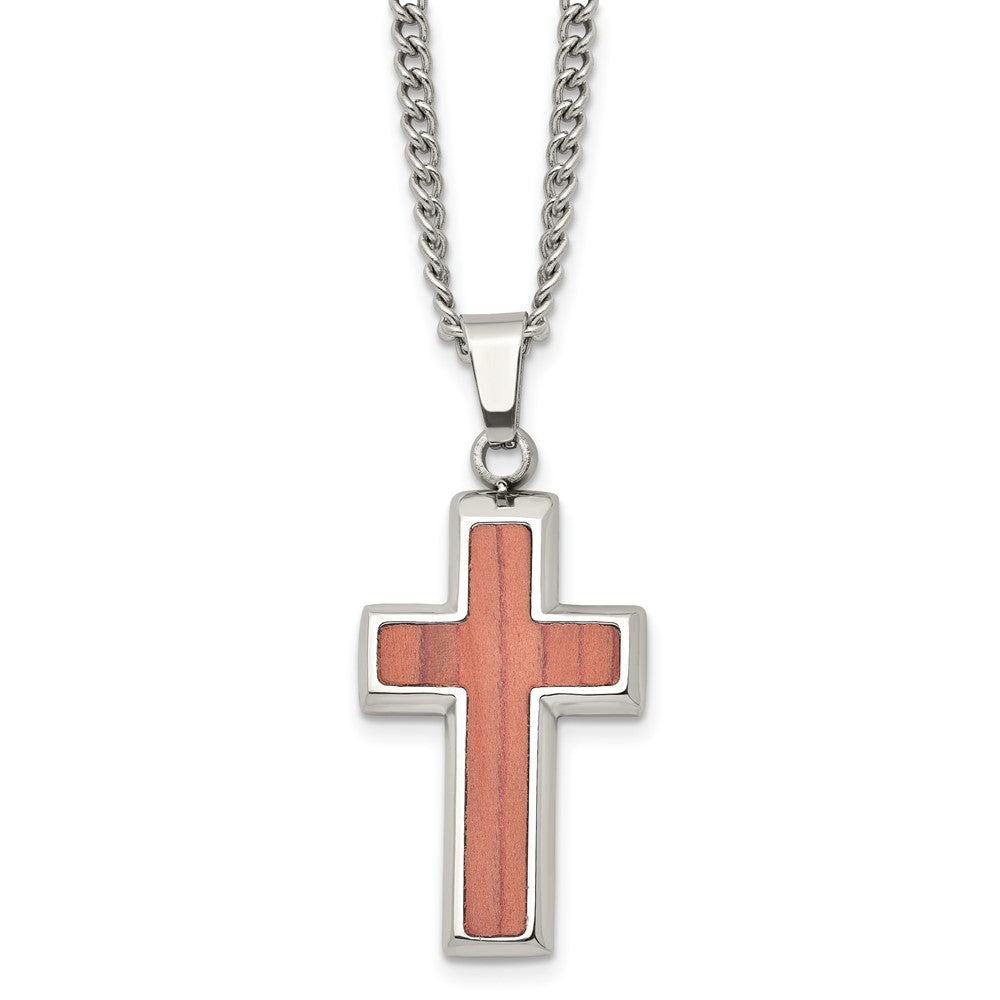 Stainless Steel Polished W/Wood Inlay Cross 24In Necklace