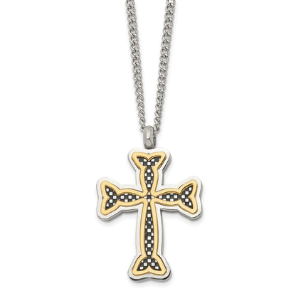 Stainless Steel Polished Black And Yellow Ip-Plated Cross 24In Necklace