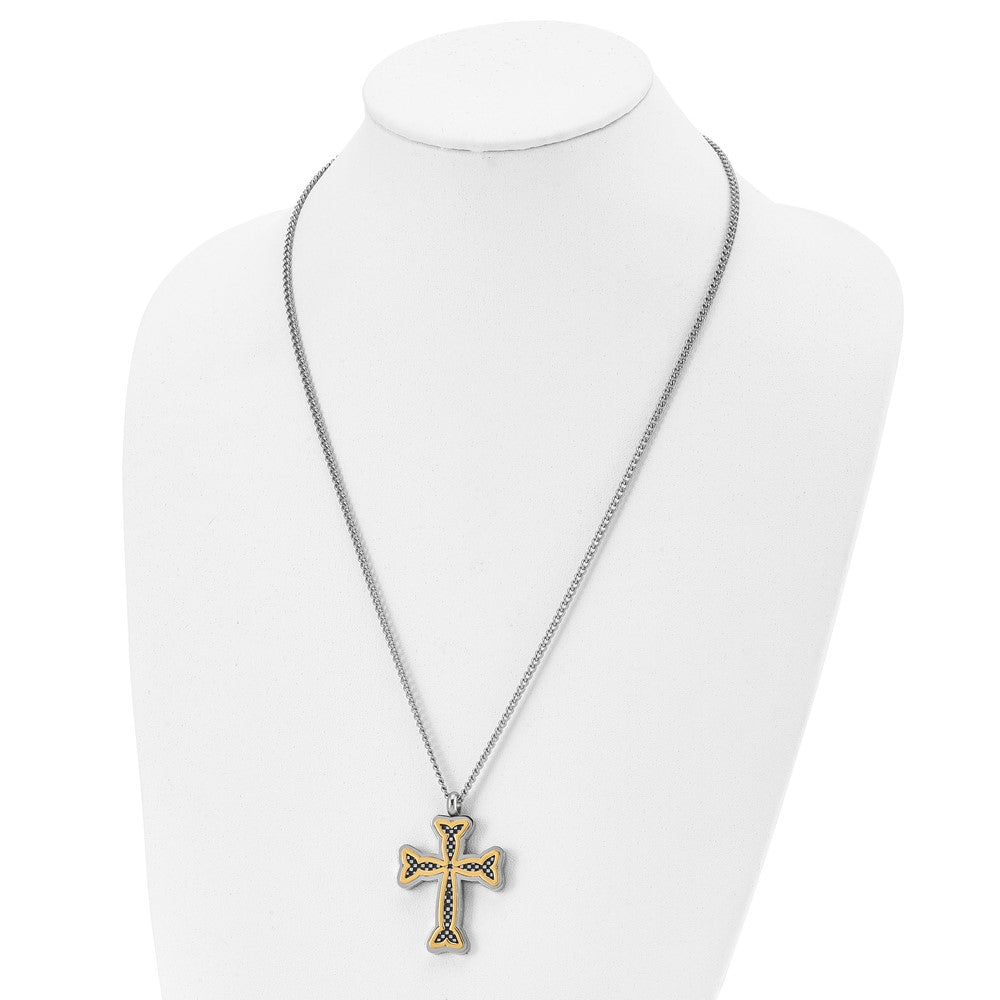 Stainless Steel Polished Black And Yellow Ip-Plated Cross 24In Necklace