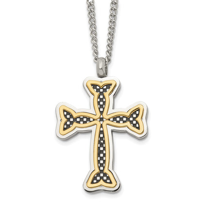 Stainless Steel Polished Black And Yellow Ip-Plated Cross 24In Necklace