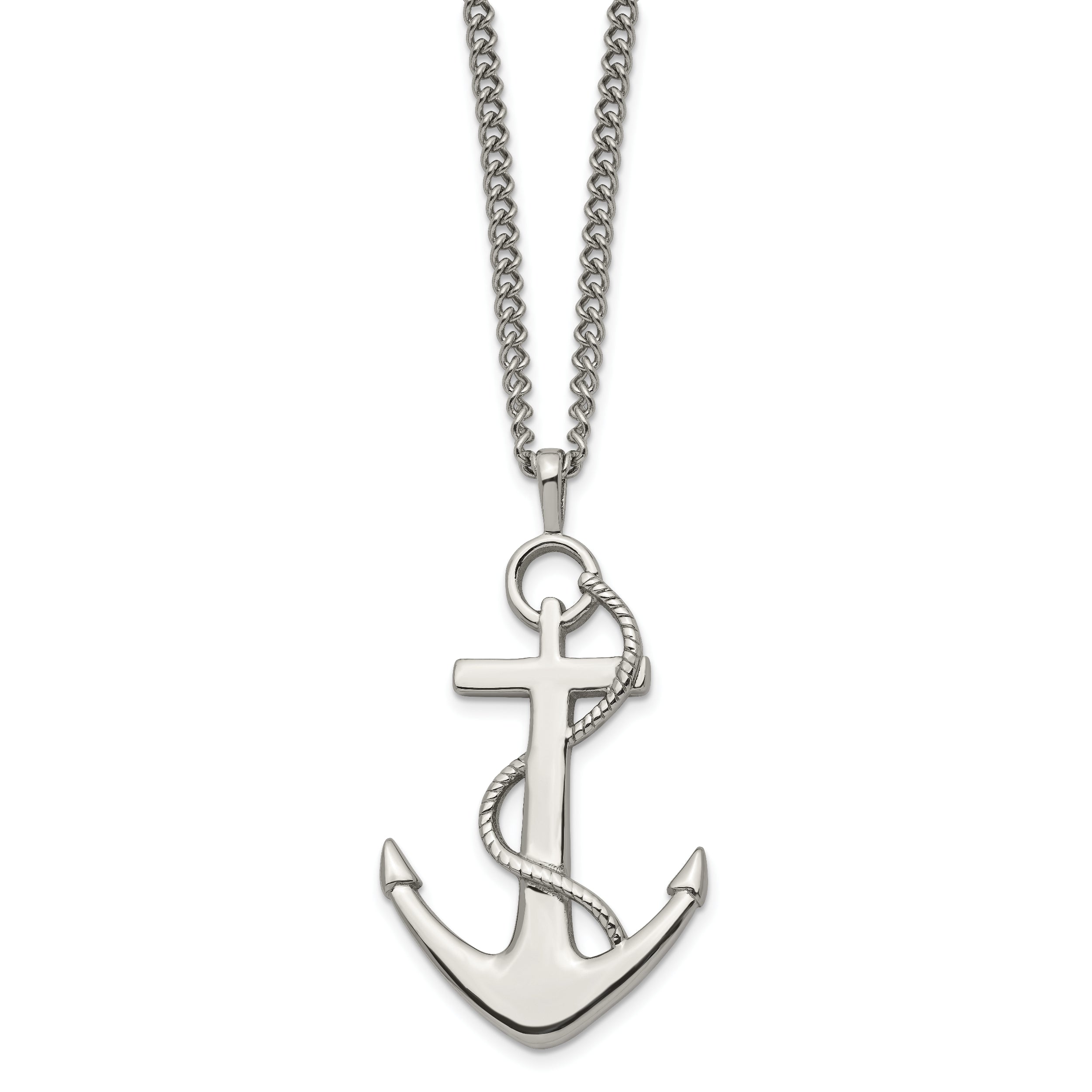 Stainless Steel Chisel Polished Anchor Pendant On A 24 Inch Curb Chain Necklace