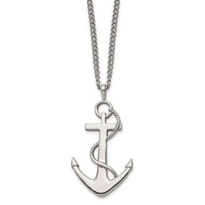 Stainless Steel Chisel Polished Anchor Pendant On A 24 Inch Curb Chain Necklace
