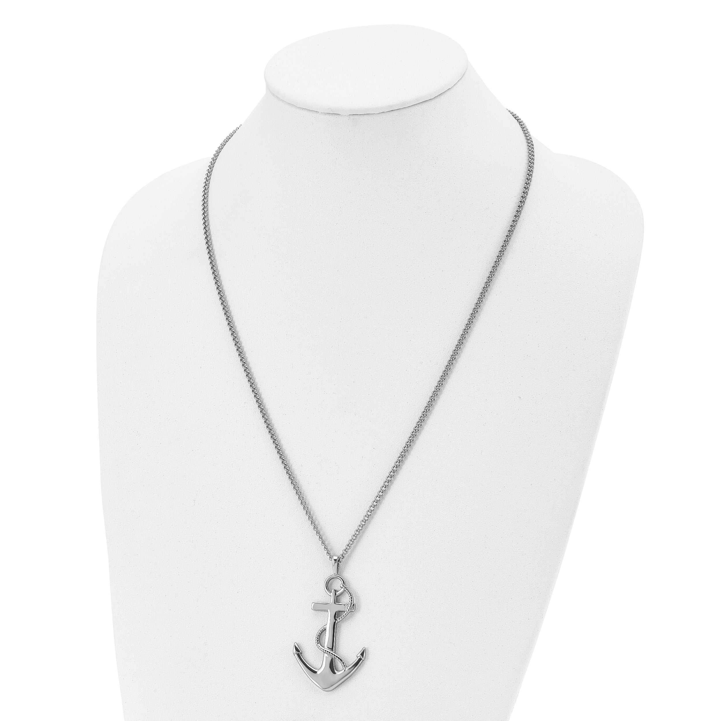 Stainless Steel Chisel Polished Anchor Pendant On A 24 Inch Curb Chain Necklace