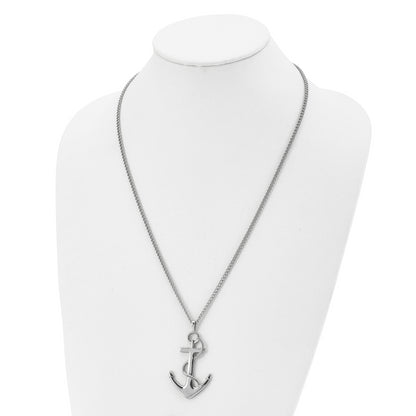 Stainless Steel Chisel Polished Anchor Pendant On A 24 Inch Curb Chain Necklace