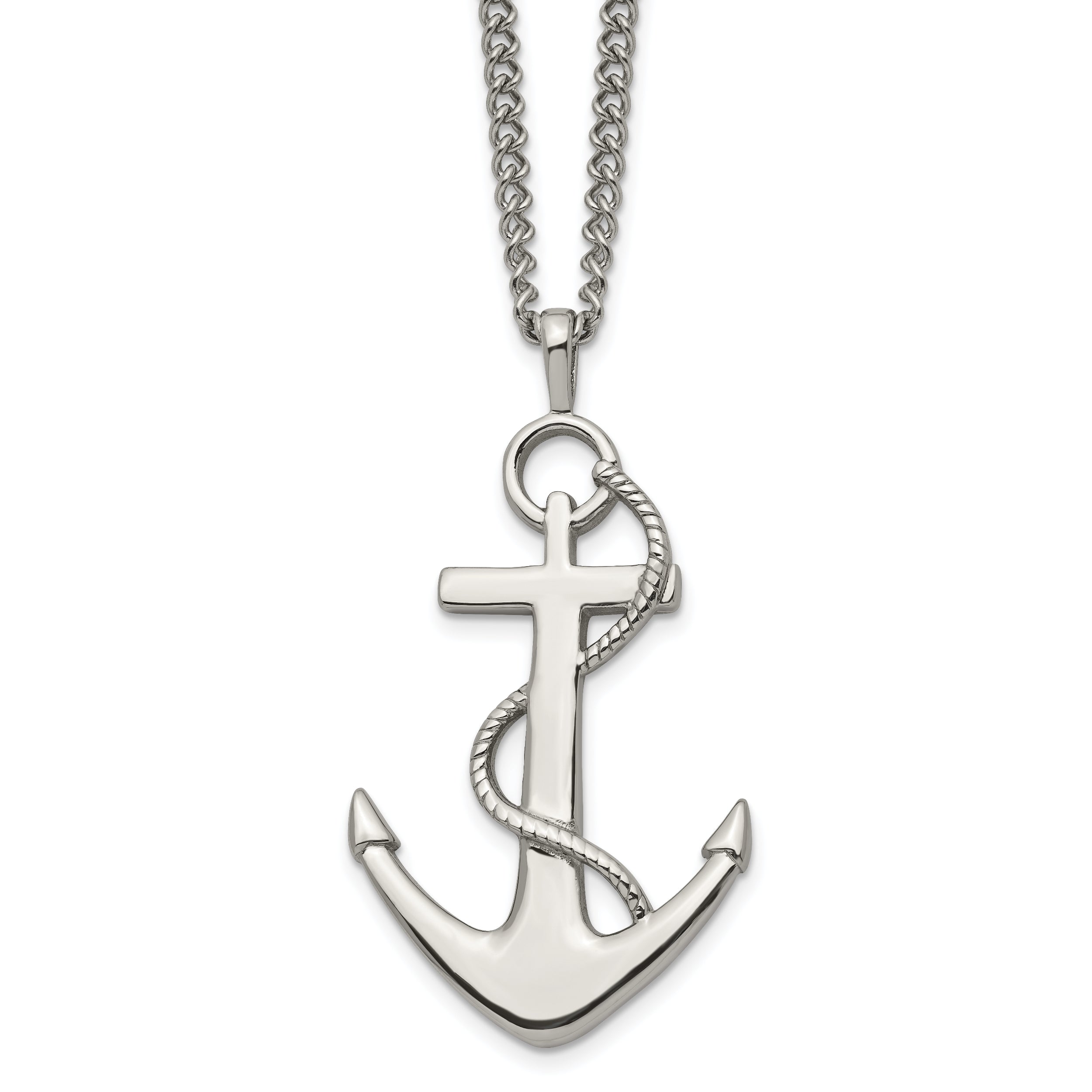 Stainless Steel Chisel Polished Anchor Pendant On A 24 Inch Curb Chain Necklace