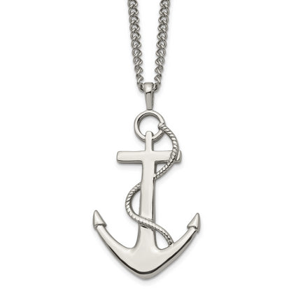 Stainless Steel Chisel Polished Anchor Pendant On A 24 Inch Curb Chain Necklace