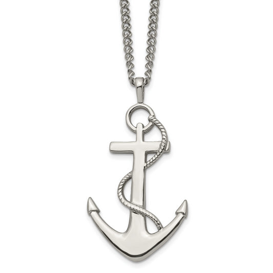 Stainless Steel Chisel Polished Anchor Pendant On A 24 Inch Curb Chain Necklace