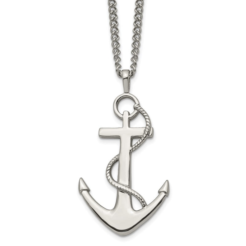 Stainless Steel Chisel Polished Anchor Pendant On A 24 Inch Curb Chain Necklace