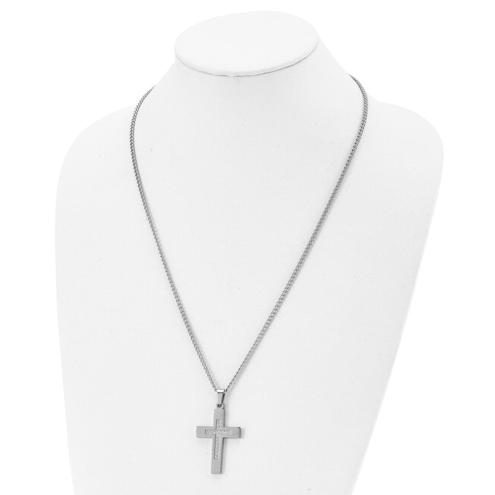 Stainless Steel Chisel Polished With Cz Cross Pendant On A 24 Inch Cable Chain Necklace